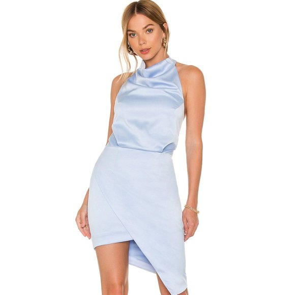 Elliatt Dresses & Skirts - Elliatt Revolve Camo Dress Baby Blue Draped Halter Neck Size Small NWT Satin